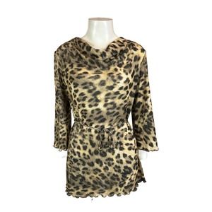 Y2K Sheer Leopard Print Cowl Neck Belted Tunic Shirt Top / Women’s Medium *
